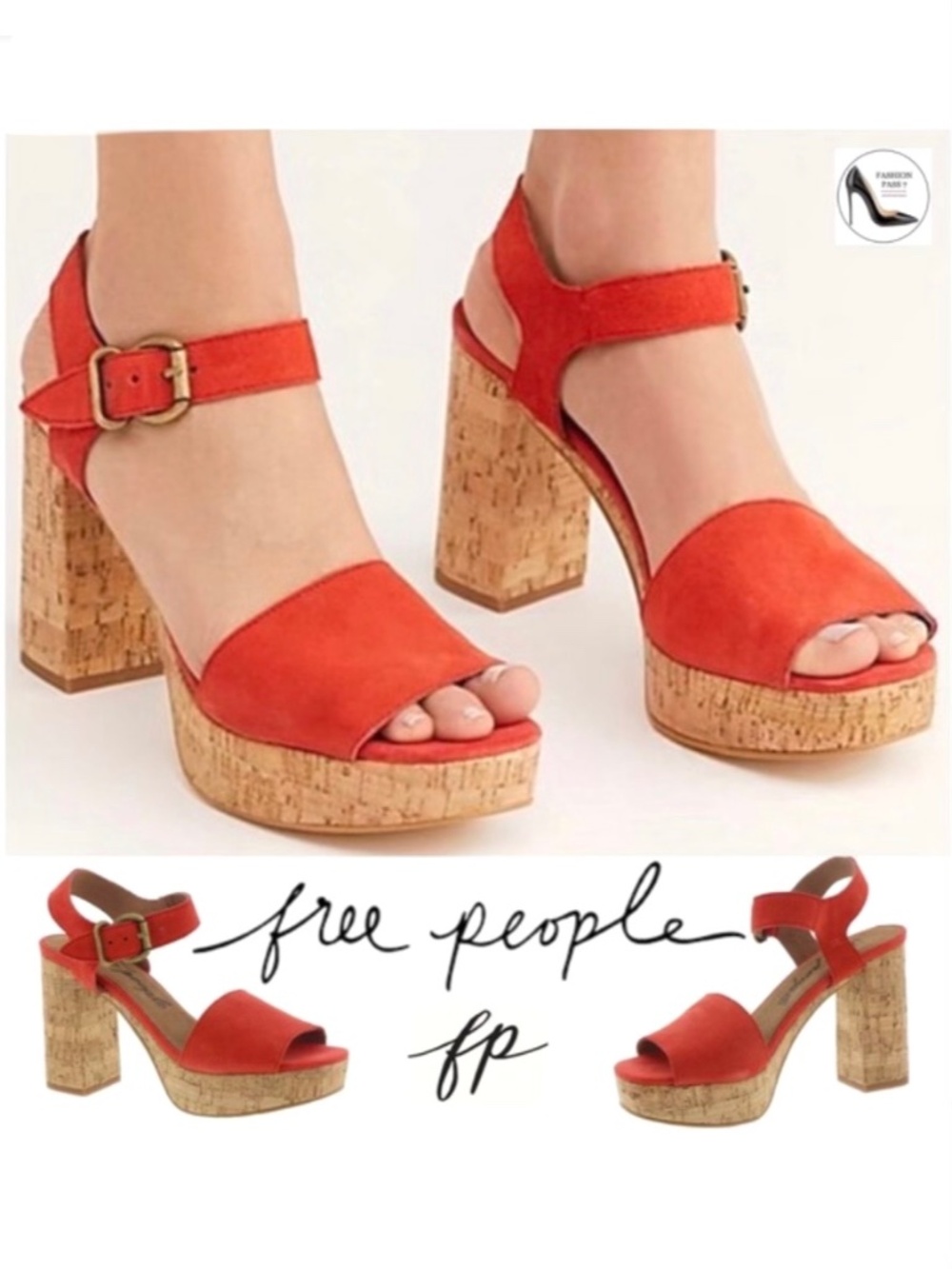 Free People Brooke Red Suede Cork Platform Sandals Block Heel Ankle Strap Heels